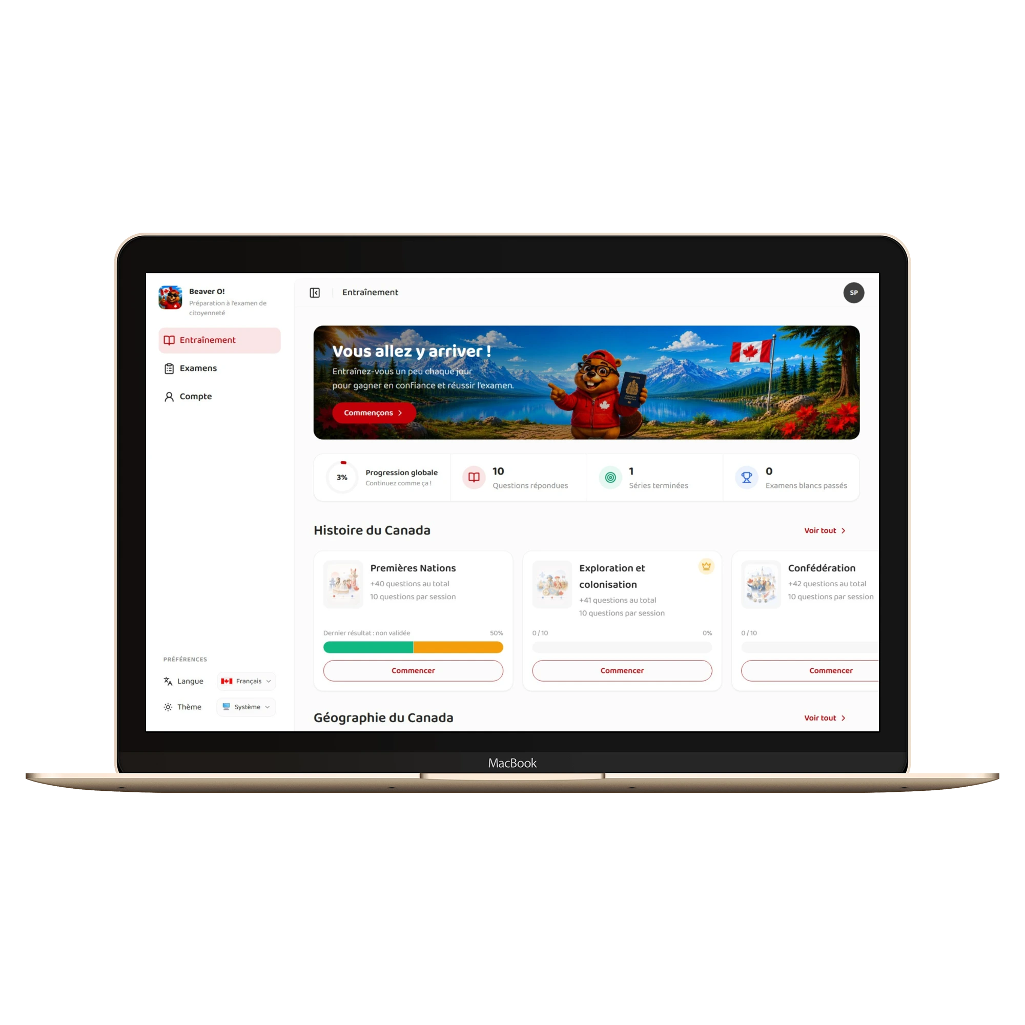 Application Beaver O! — Préparation au test de citoyenneté canadienne